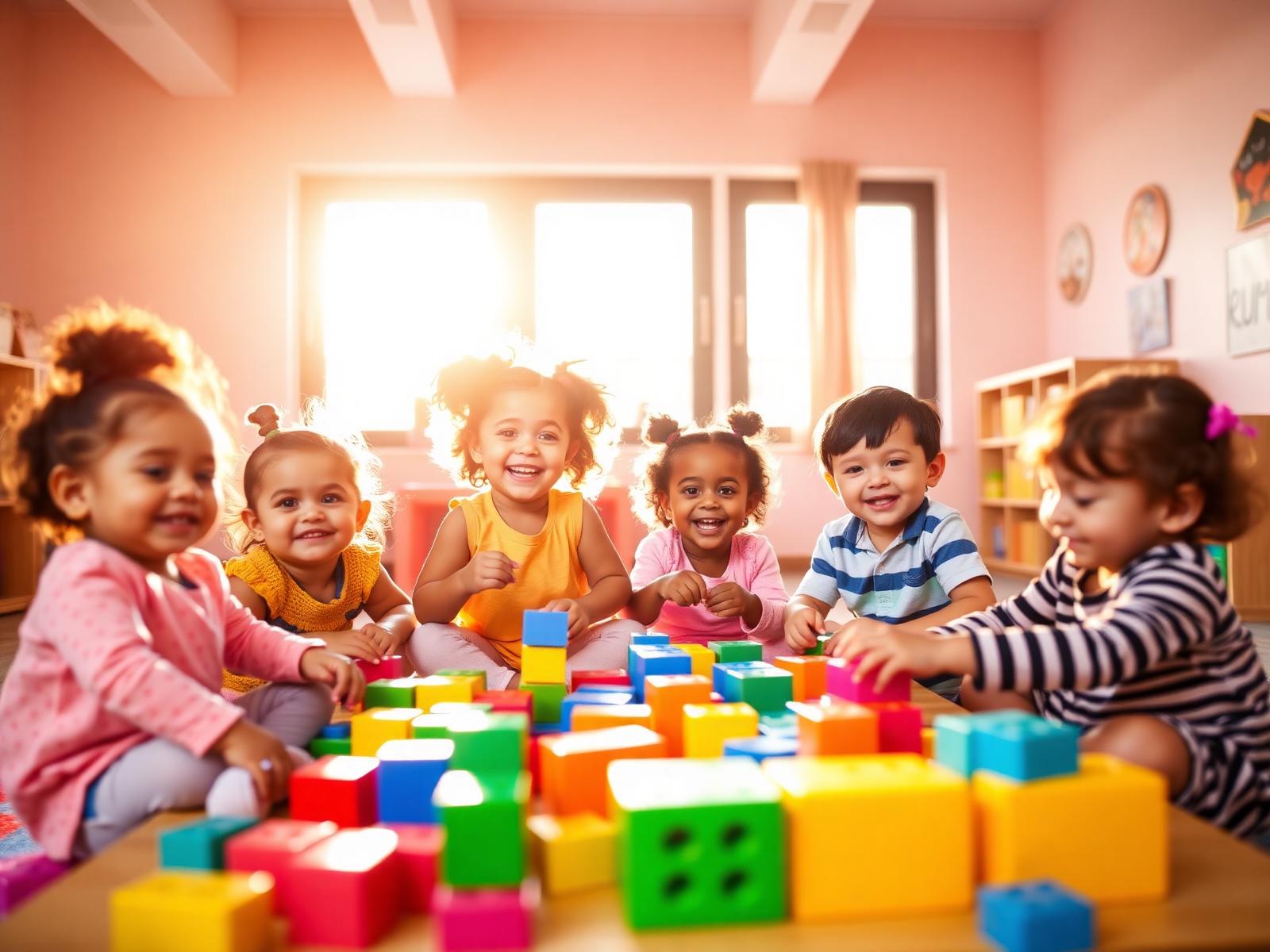 Diverse toddlers laughing and playing with colorful blocks at Little Angels Daycare